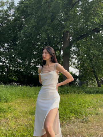 Simple White A Line Spaghetti Strap Pearl Satin Evening Dress Party Dress HZ1023